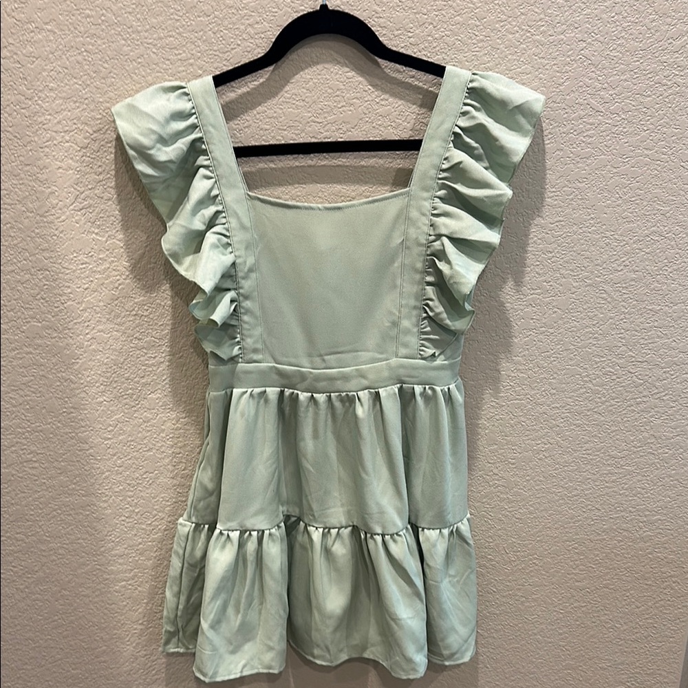 Girls Green Ruffled Tiered Sundress with Square Neck